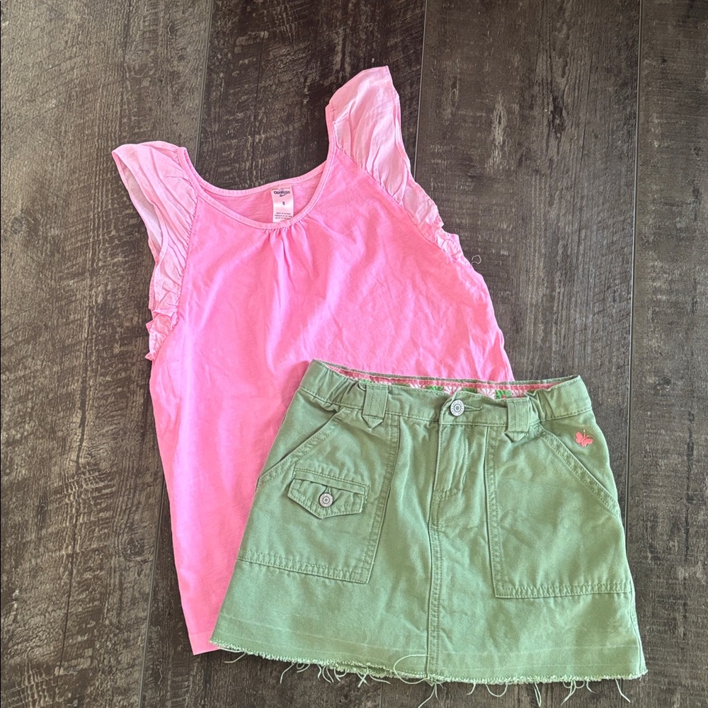 GAP Olive Green Girls Button-Front Skort & Oshkosh pink tops